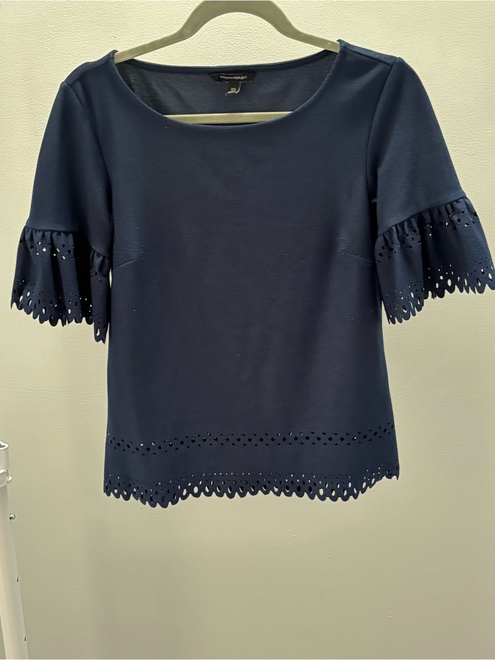 Banana Republic Navy Laser Cut Eyelet Flutter Sleeve Blouse